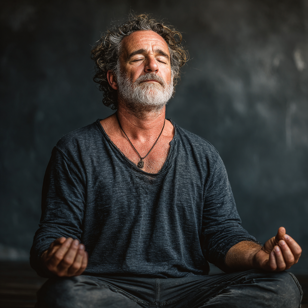 Чоловік 56 років сидить в медитативній позі з закритими очима, виконуючи дихальну вправу, демонструючи техніку пранаями в тихому куточку студії