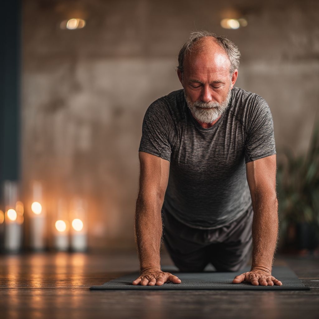 Чоловік 58 років у спортивному одязі виконує базову позу йоги на килимку в затишній студії, демонструючи правильну техніку для початківців